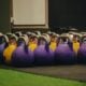 Colorful competition kettlebells lined up on turf before a kettlebell training session