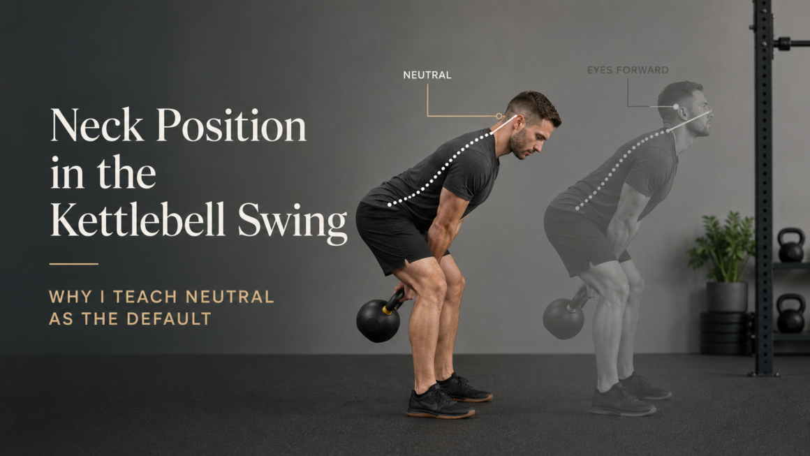 Kettlebell swing neck position comparison showing a neutral spine versus looking forward with cervical extension.