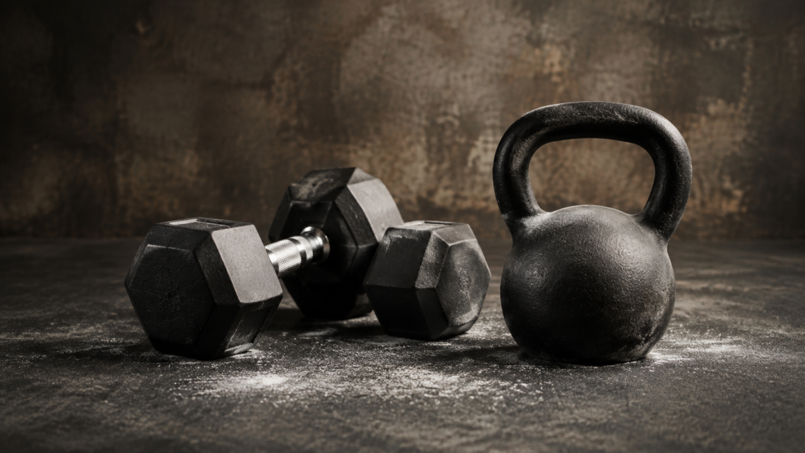 A pair of dumbbells and a kettlebell on a chalk-dusted gym floor